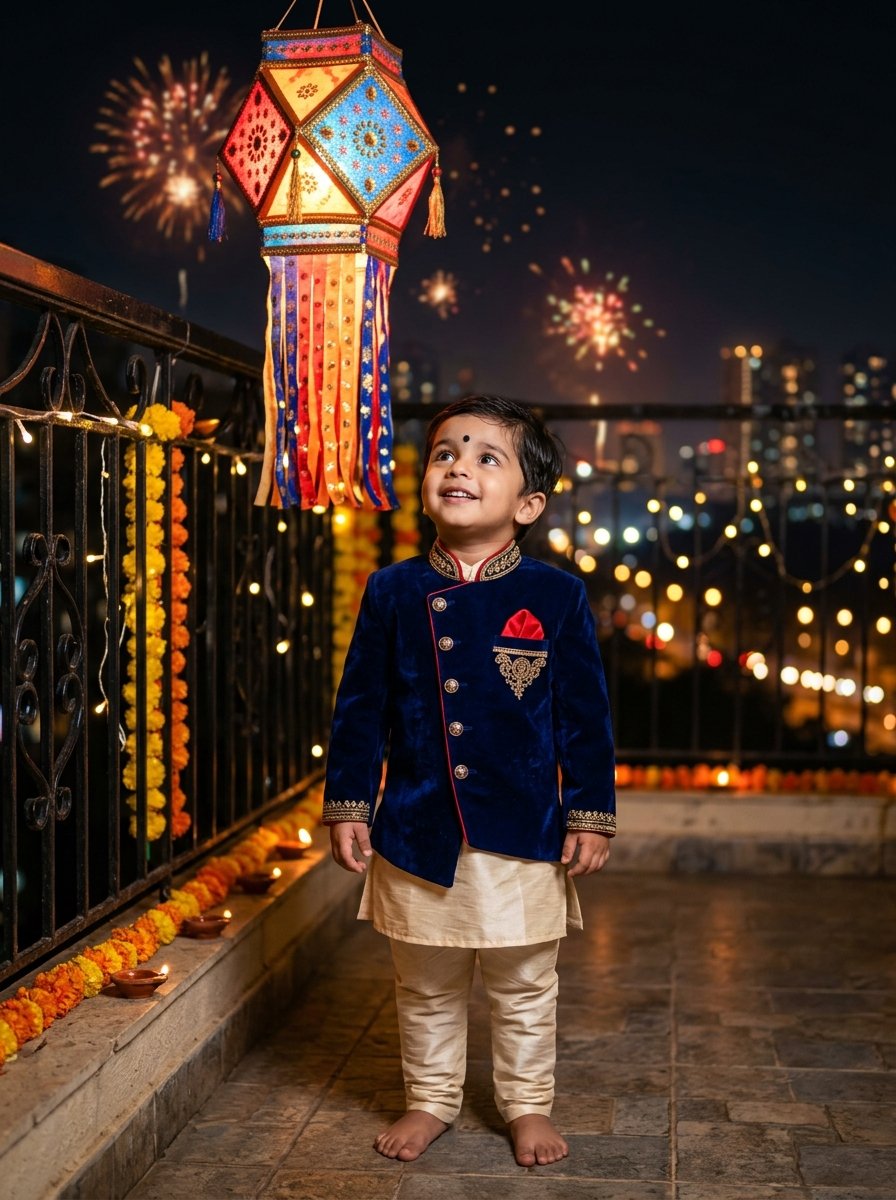 Diwali prompt for gemini child boy in navy blue velvet nehru jacket looking at akash kandil