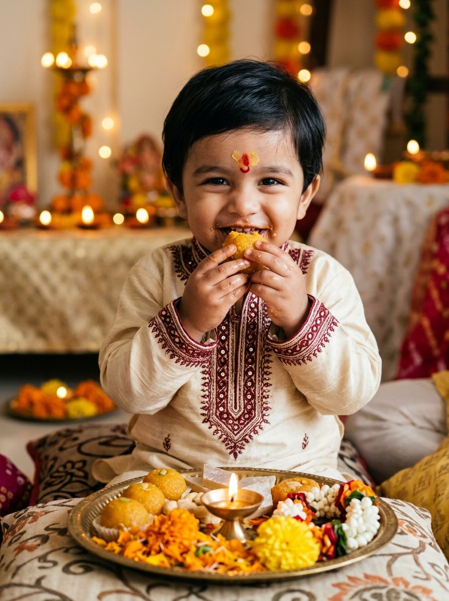 Diwali prompt for gemini child boy eating motichoor ladoo with chandan tilak
