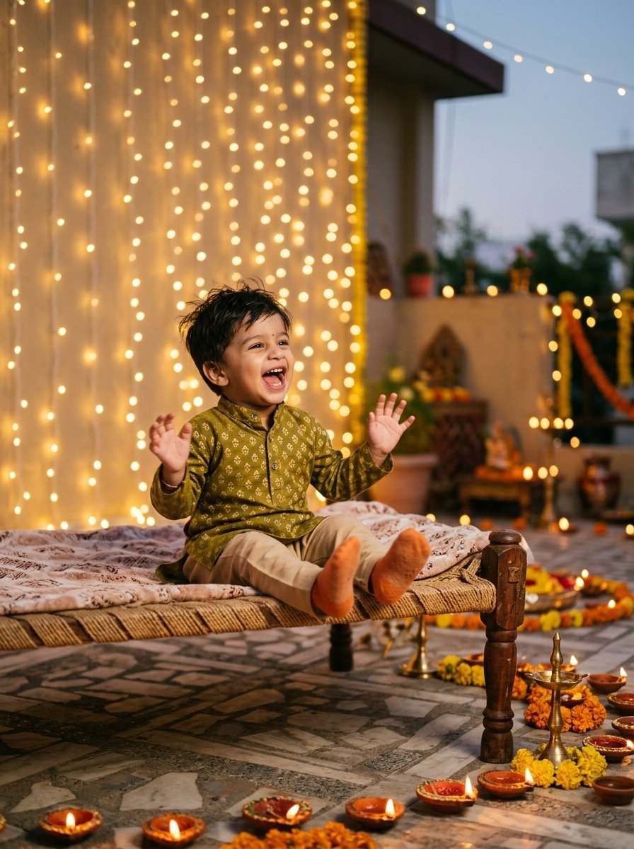 Diwali prompt for gemini baby boy laughing joyfully on terrace charpai with fairy lights