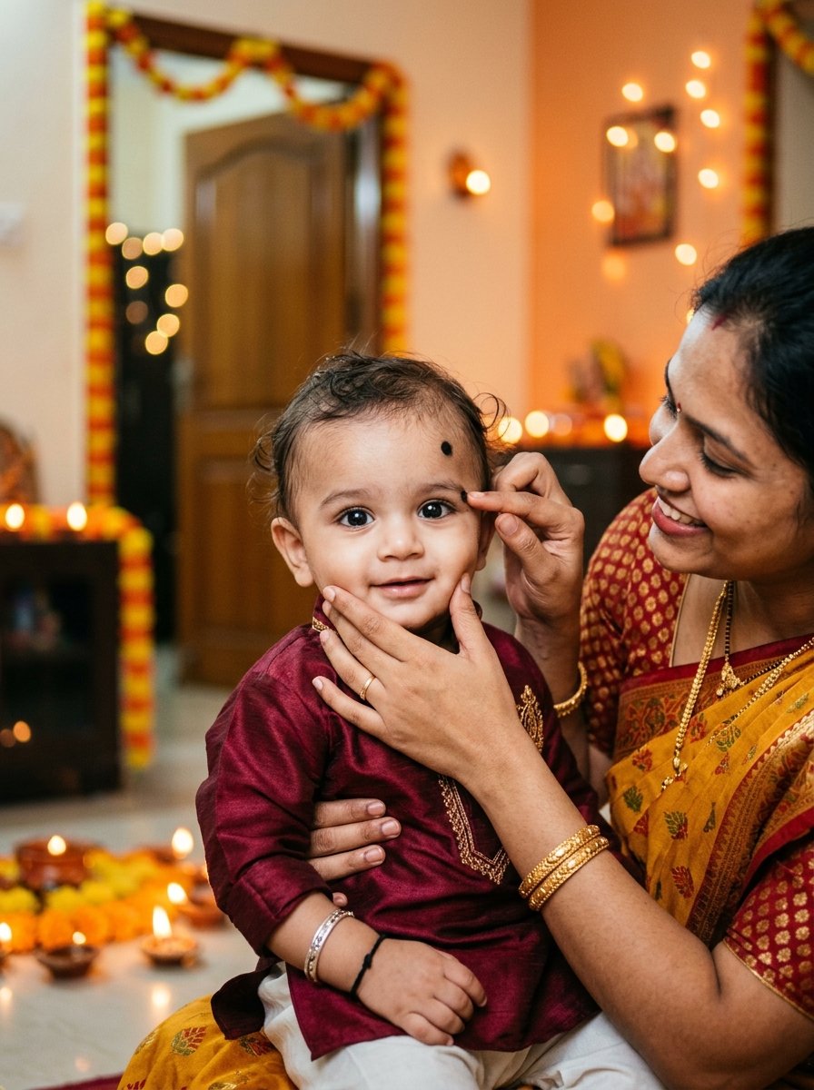 Diwali prompt for gemini baby boy getting protective nazar bindi from mother