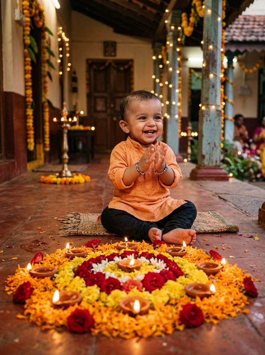 Diwali prompt for gemini baby boy clapping before glowing clay diyas and floral rangoli