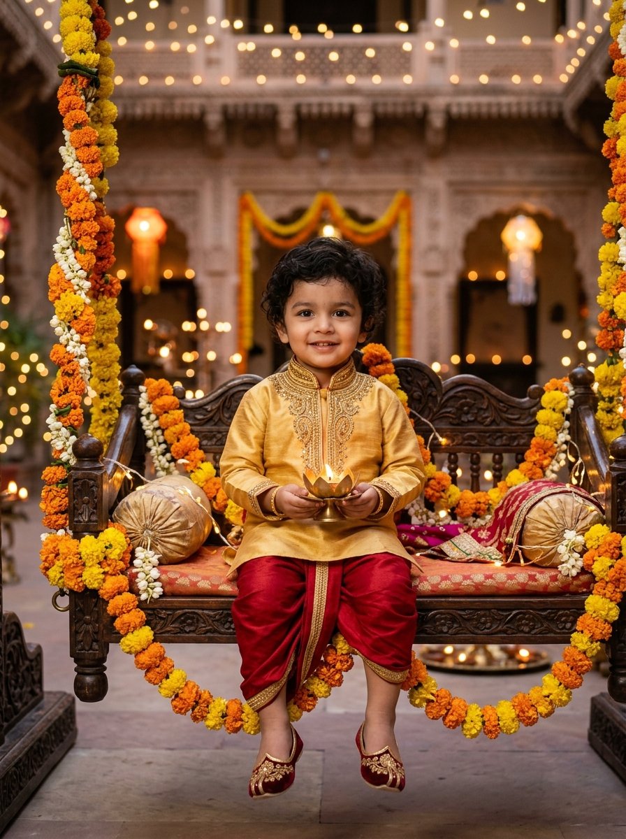 Diwali prompt for gemini baby boy in golden silk kurta and dhoti on floral swing
