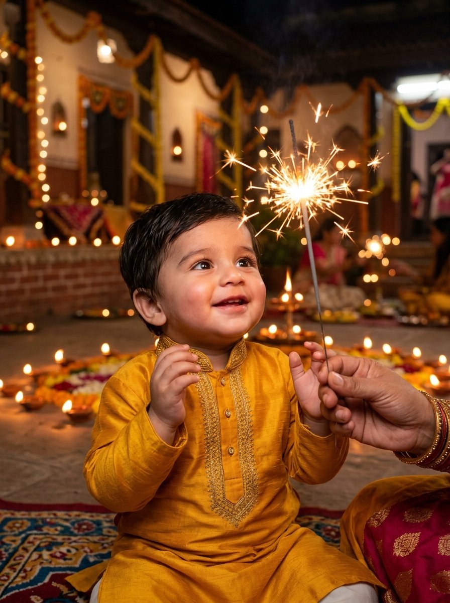 Diwali prompt for gemini baby boy holding safe sparkling phooljhadi in yellow kurta