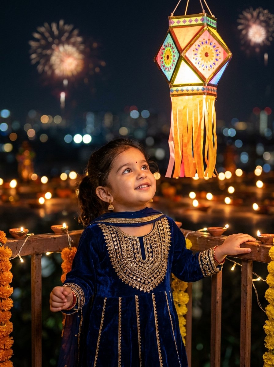 Diwali prompt for gemini little girl - cute 3 year old girl looking at colorful akash kandil lantern