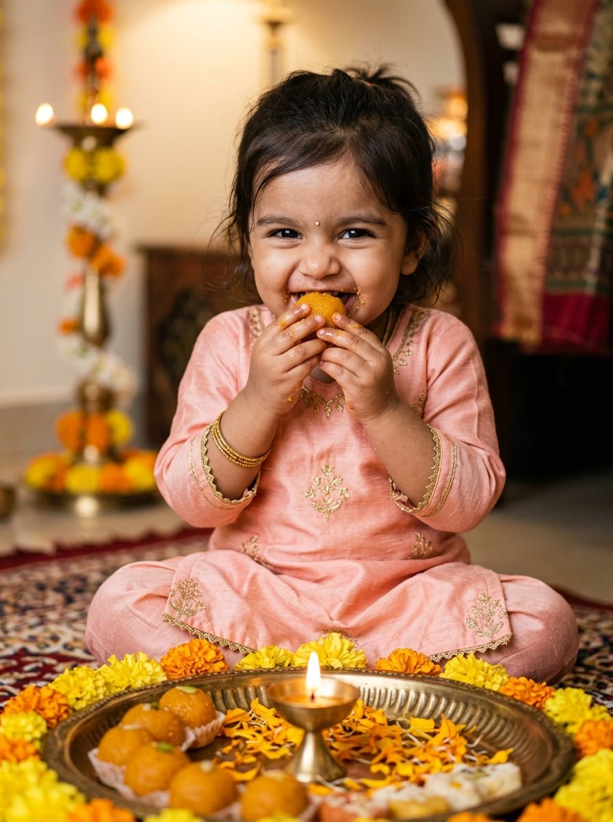 Diwali prompt for gemini little girl - cute baby girl eating sweet motichoor ladoo with sticky fingers
