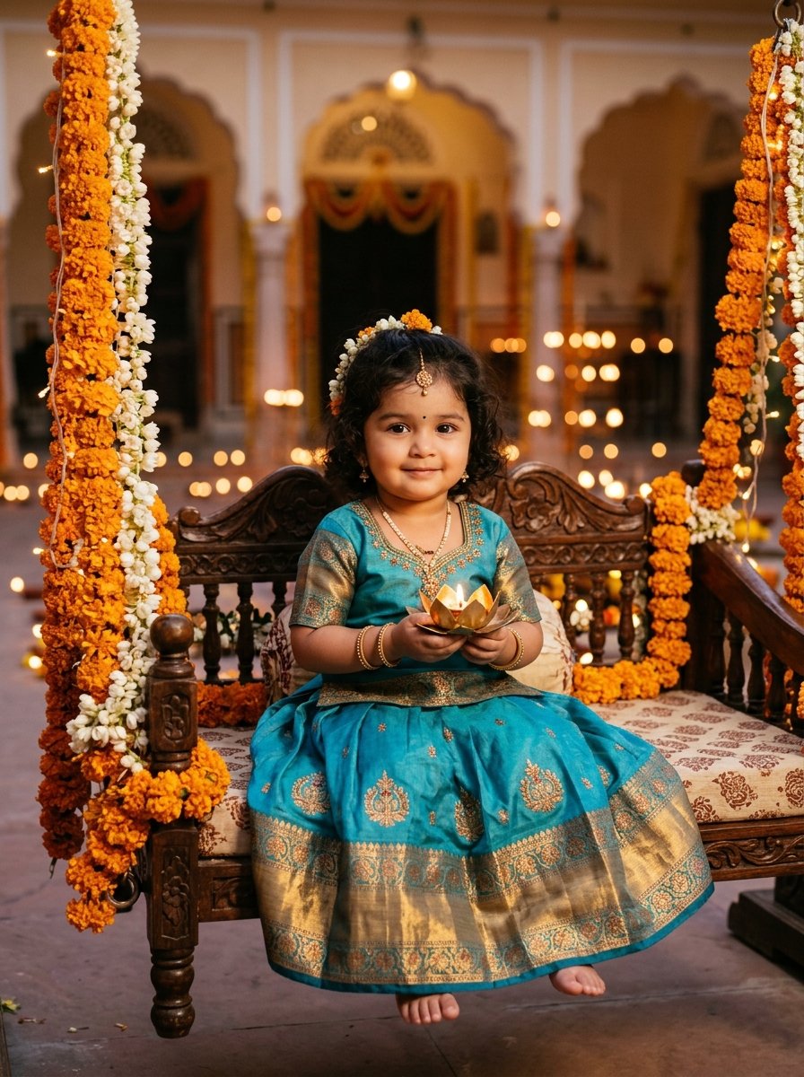 Diwali prompt for gemini child girl - baby girl in turquoise silk lehenga on floral swing holding lotus diya