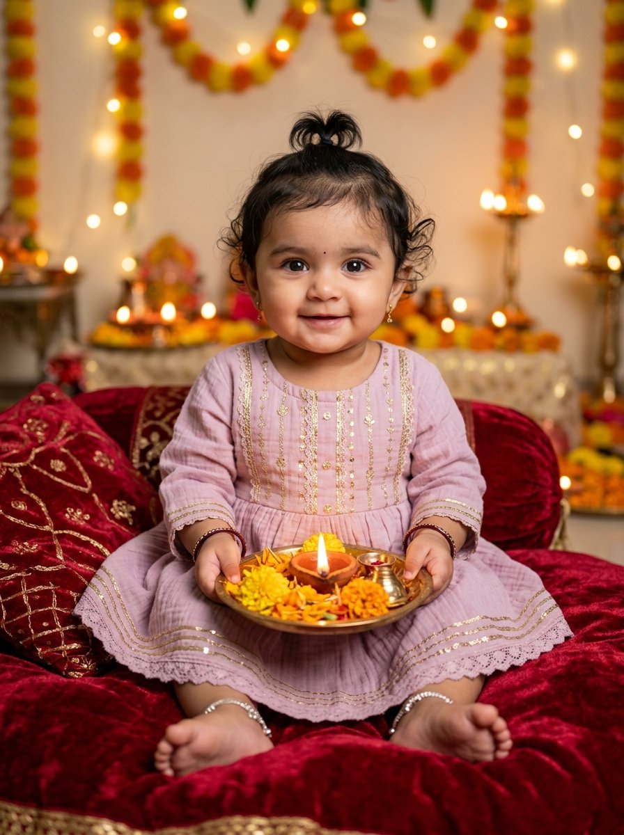 Happy diwali gemini prompt for baby girl - infant girl on velvet cushion holding miniature brass aarti thali