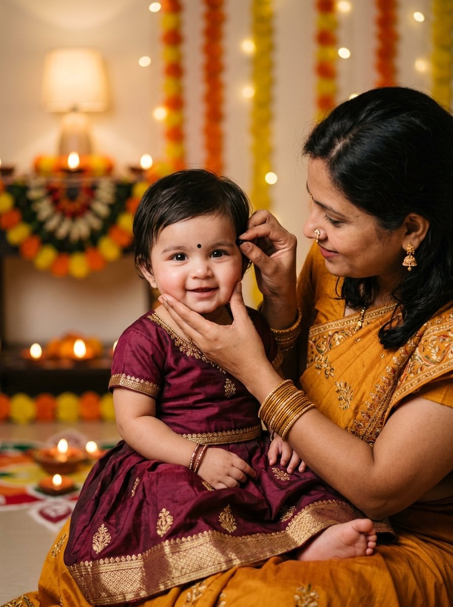 Diwali prompt for gemini baby girl - mother applying protective nazar bindi to cute baby girl