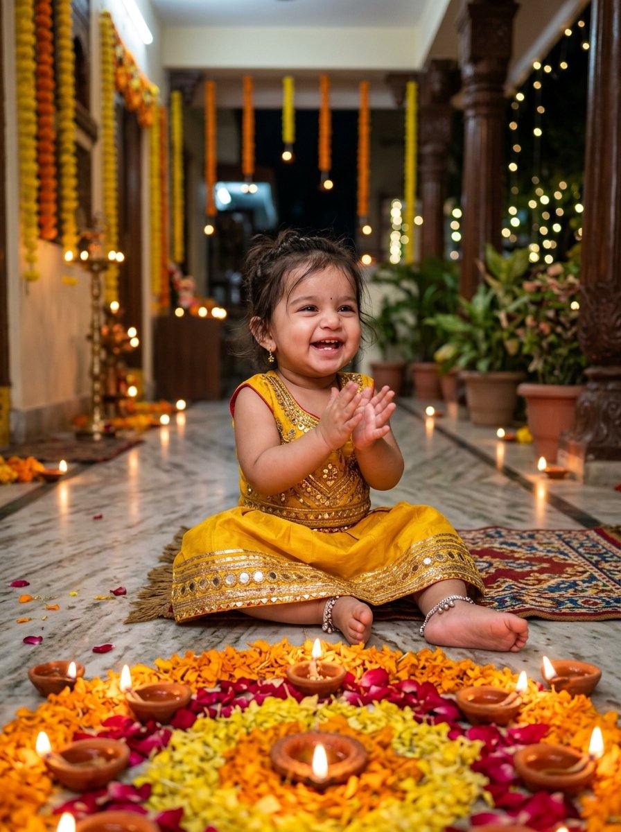 Diwali prompt for gemini baby girl in english - toddler clapping joyfully by floral rangoli and clay diyas