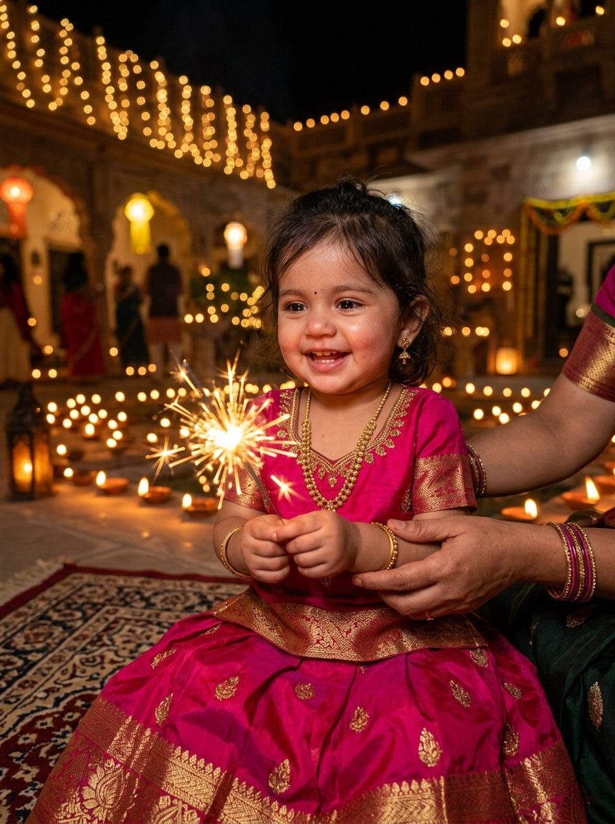 Diwali prompt for gemini baby girl - adorable toddler girl holding safe sparkler in pink silk pattu pavadai