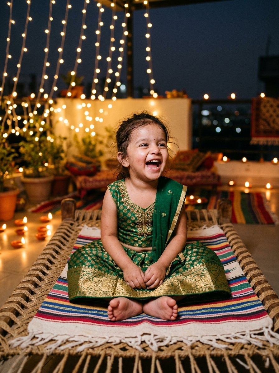 Diwali prompt for gemini baby girl - candid toddler girl laughing joyfully on rooftop terrace charpai
