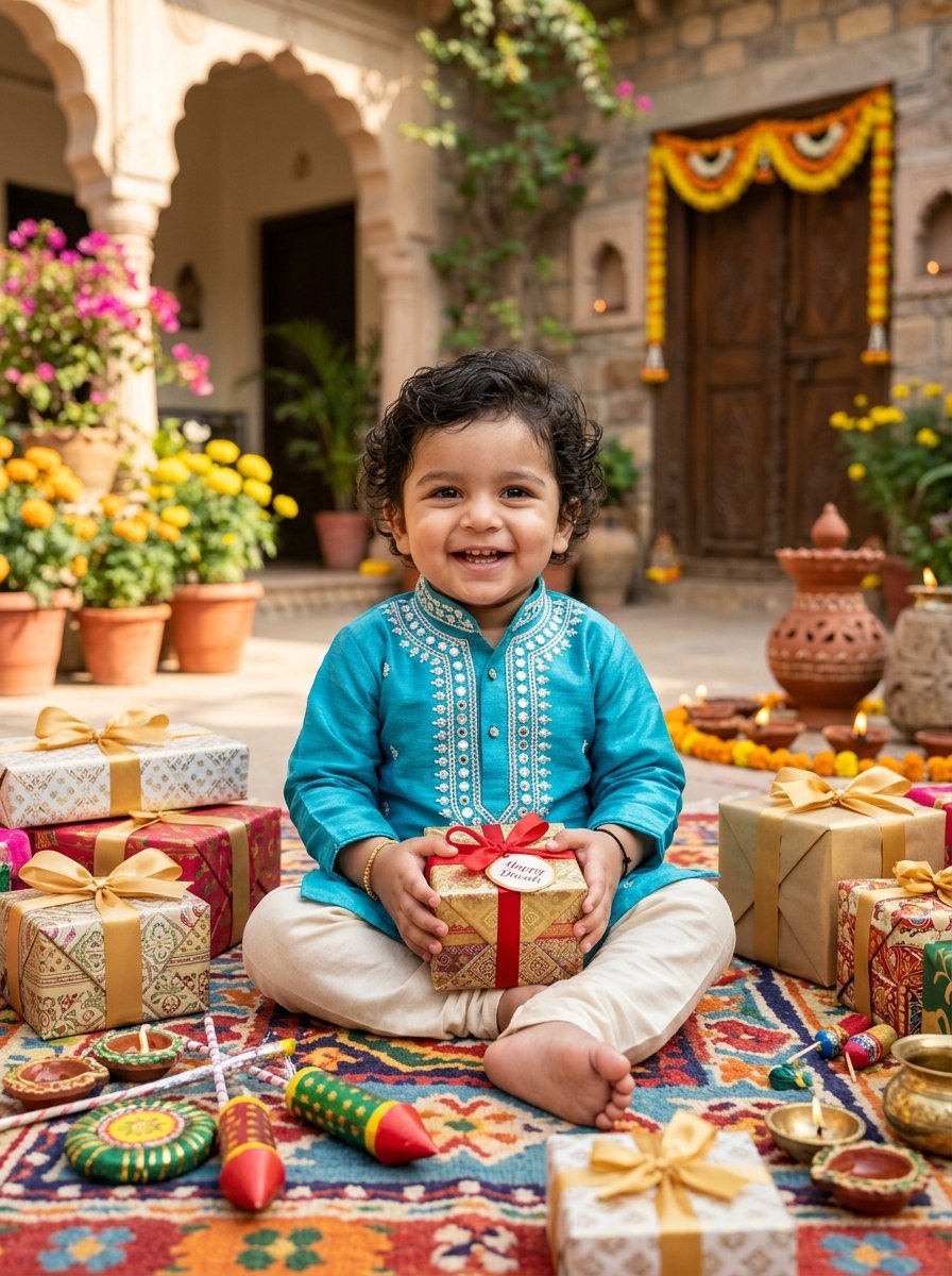 Diwali prompt for gemini child boy with wrapped gifts and colorful wooden toy crackers