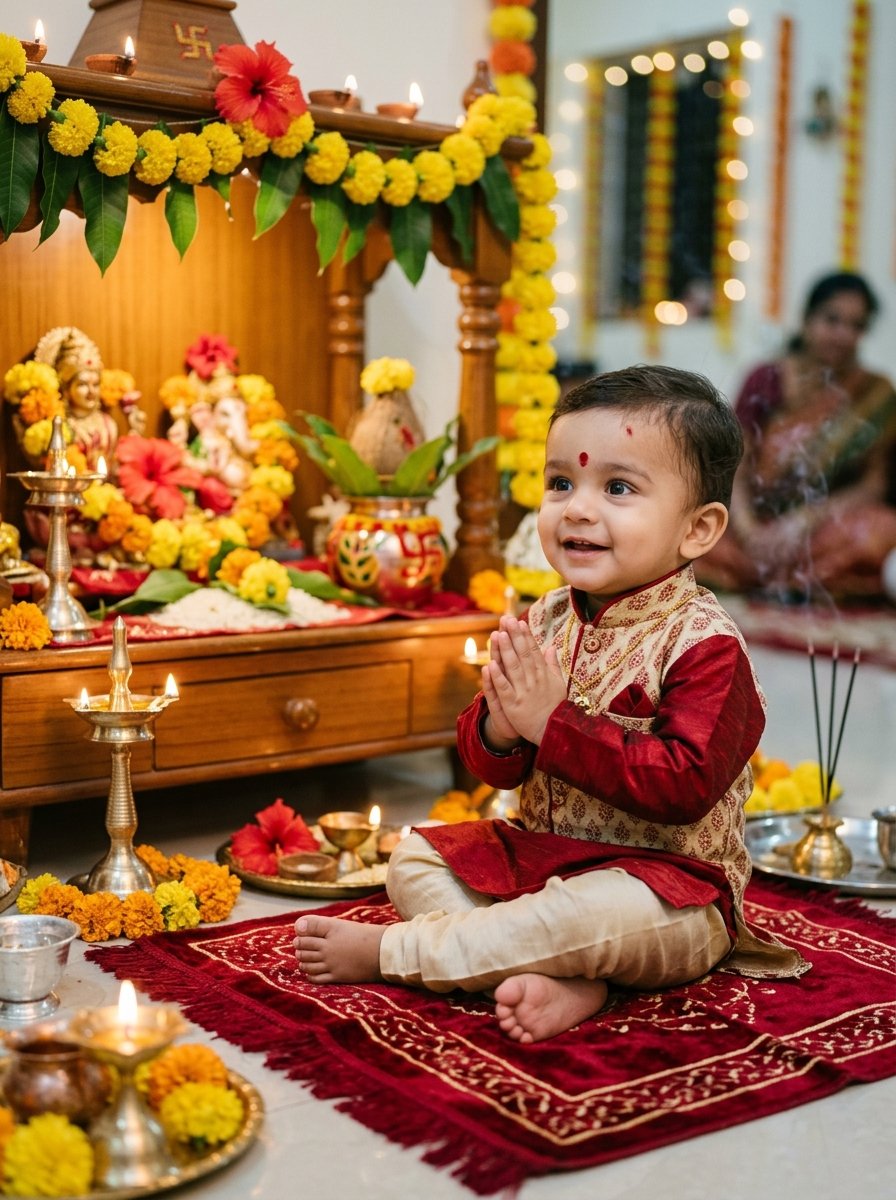Diwali prompt for gemini child boy with folded namaste hands before Laxmi Ganesh puja setup