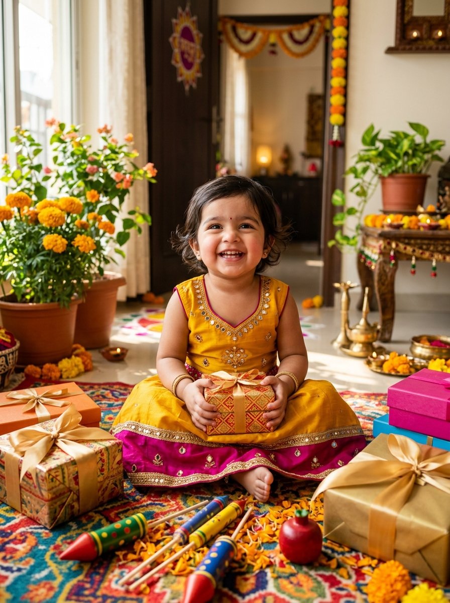 Diwali prompt for gemini baby girl - toddler girl with wrapped gift boxes and colorful wooden toy crackers
