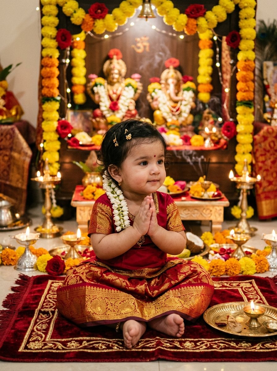 Diwali prompt for gemini child girl - baby girl with folded namaste hands before Laxmi Ganesh mandir