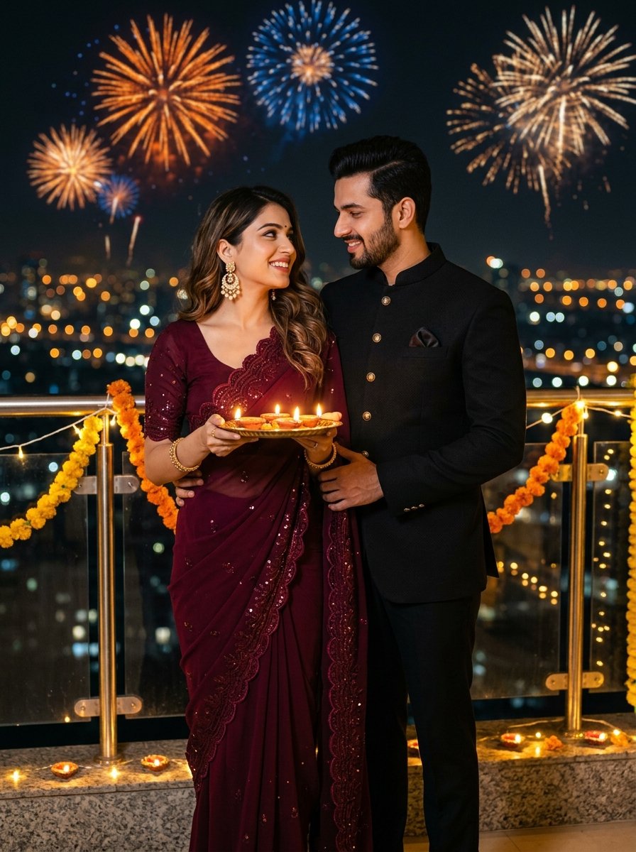 Diwali prompt for gemini couple photo - wine saree and black bandhgala on balcony with fireworks