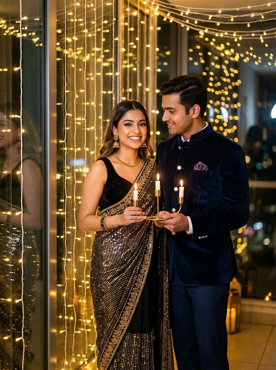Diwali prompt for gemini couple instagram - glamorous black and gold saree with navy velvet blazer