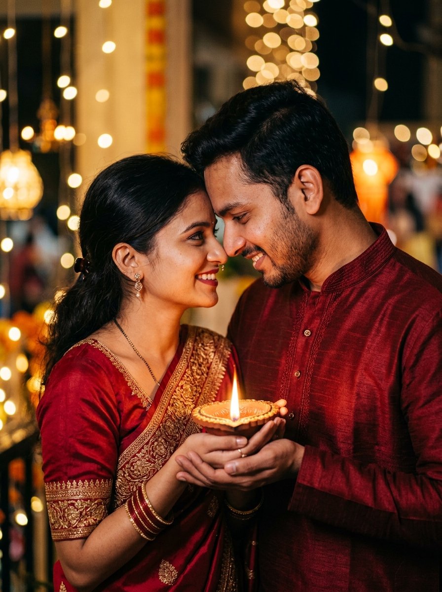 Couple diwali prompt for gemini ai - intimate forehead to forehead pose holding cupped diya flame