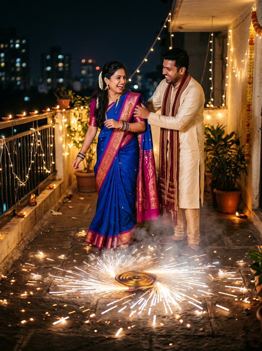 Diwali prompt for gemini couple - candid laughing pose with spinning ground chakkar fireworks