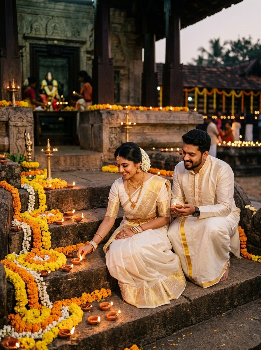 Diwali prompt for gemini couple - traditional ivory kasavu saree and silk mundu on temple steps