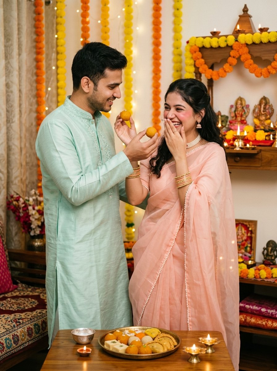 Diwali couple prompts for gemini girl - playful motichoor ladoo sharing moment in living room