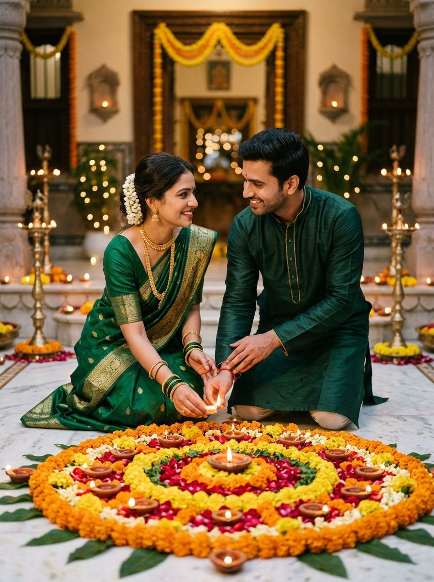 Diwali prompt for gemini couple - kneeling together lighting clay diya by marigold floral rangoli