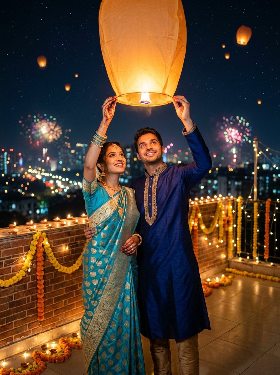 Diwali prompt for gemini couple photo free - releasing flying sky lantern from rooftop terrace
