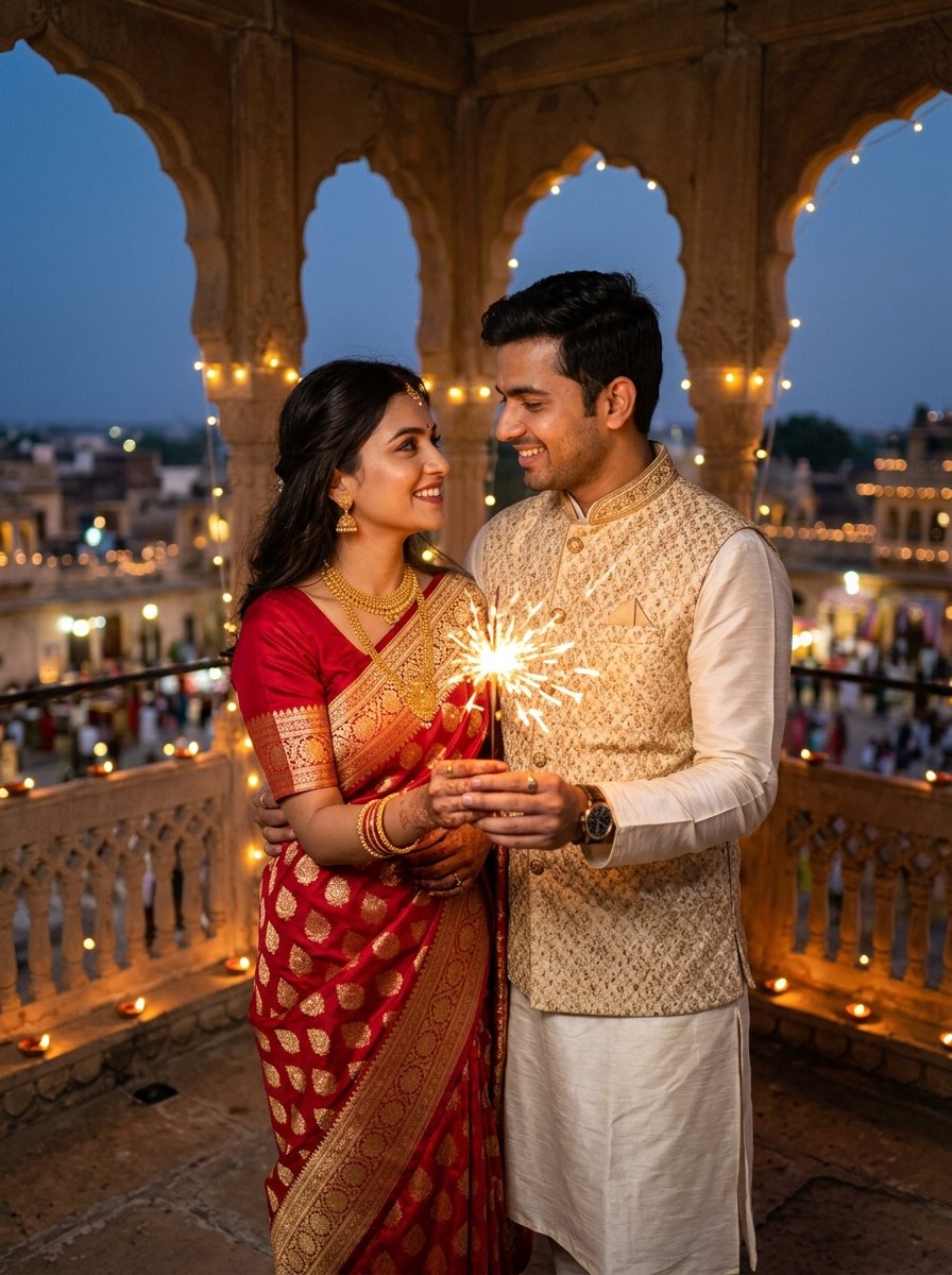 Diwali prompt for gemini couple - romantic rooftop sparkler pose in red Banarasi saree and ivory kurta