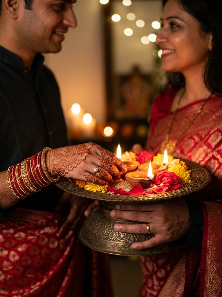 Diwali prompt for gemini couple - aesthetic close-up mehndi hands jointly holding glowing brass thali