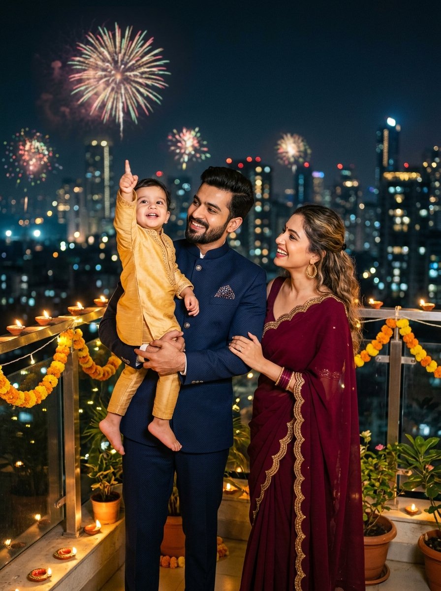 Diwali prompt for gemini family - young parents holding toddler boy watching fireworks on balcony