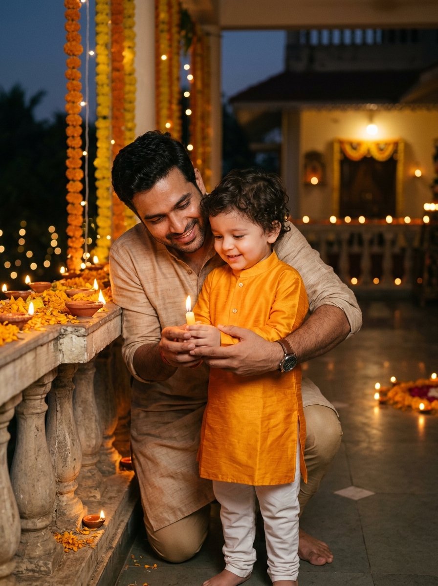 Diwali prompt for gemini family copy paste - father guiding young son to light clay diyas on veranda