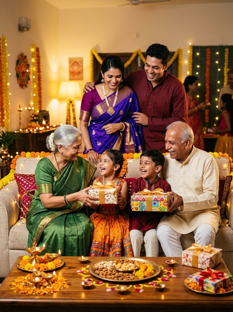 Diwali prompt for gemini family - grandparents presenting wrapped Diwali gift boxes to grandchildren