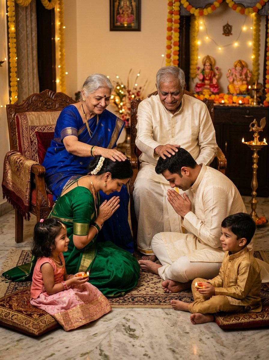 Diwali prompt for gemini family - grandparents blessing young couple and grandchildren during Diwali