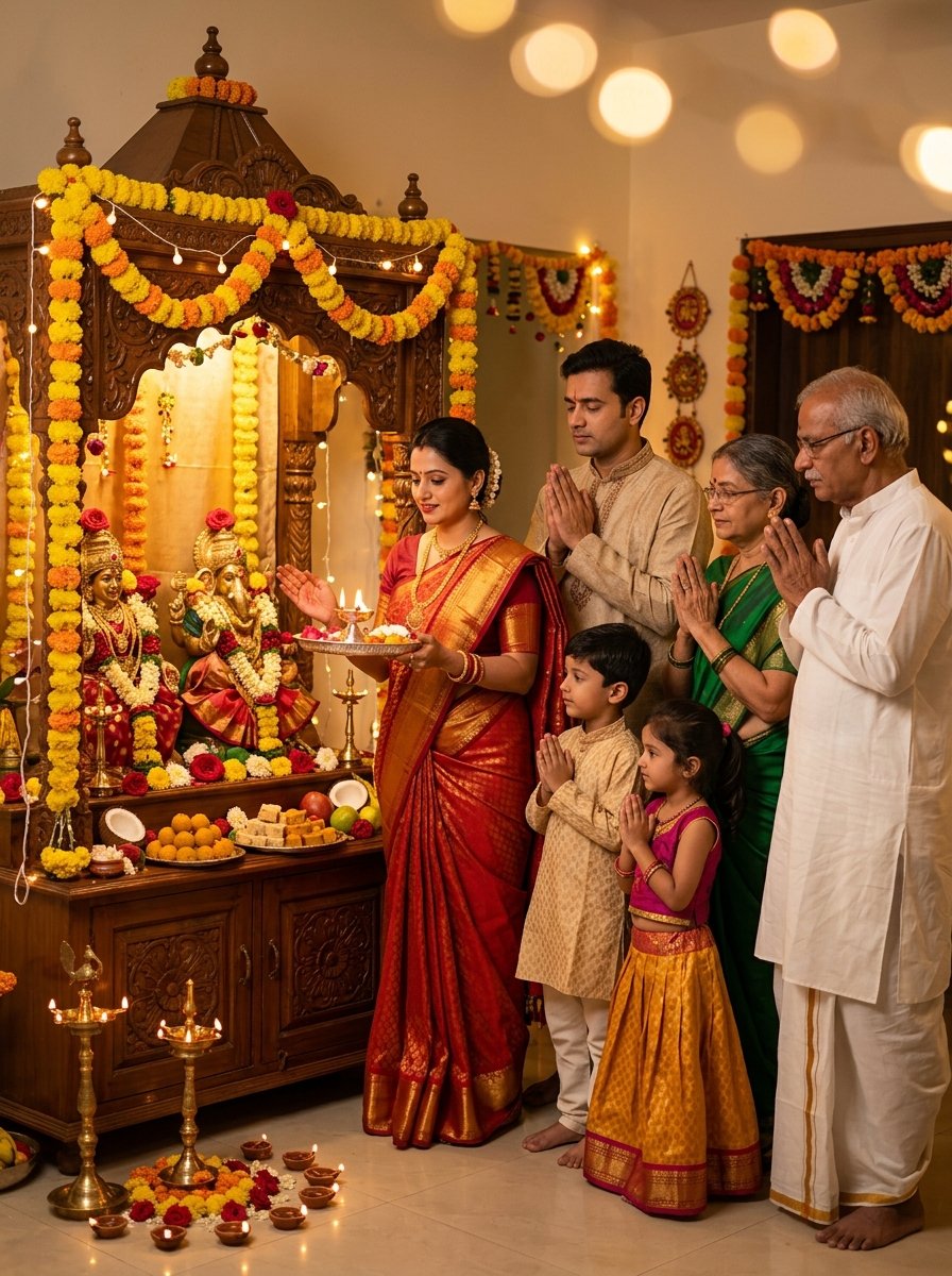 Diwali prompt for gemini family photo - family performing Lakshmi Ganesh puja aarti before home mandir