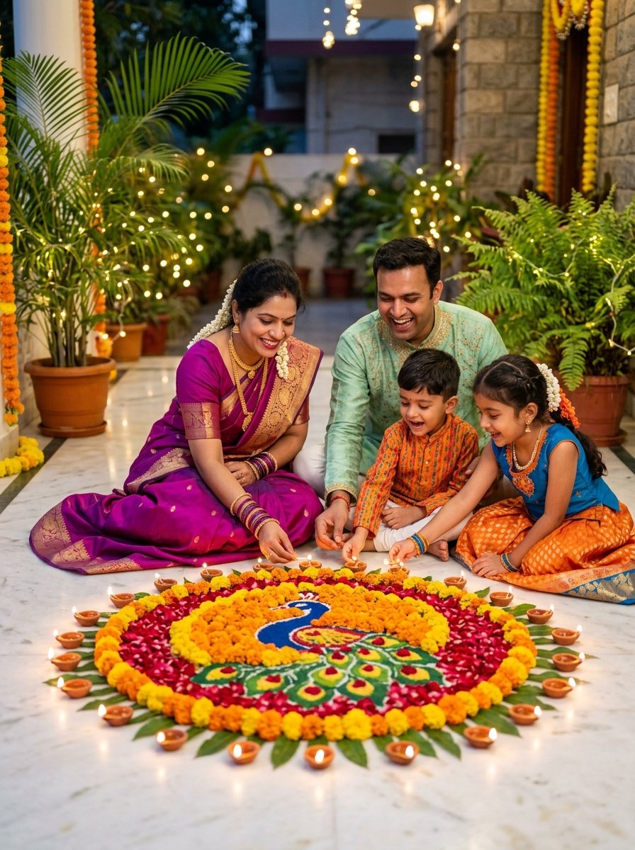 Family prompt for gemini ai diwali - family sitting around floral peacock rangoli lighting clay diyas