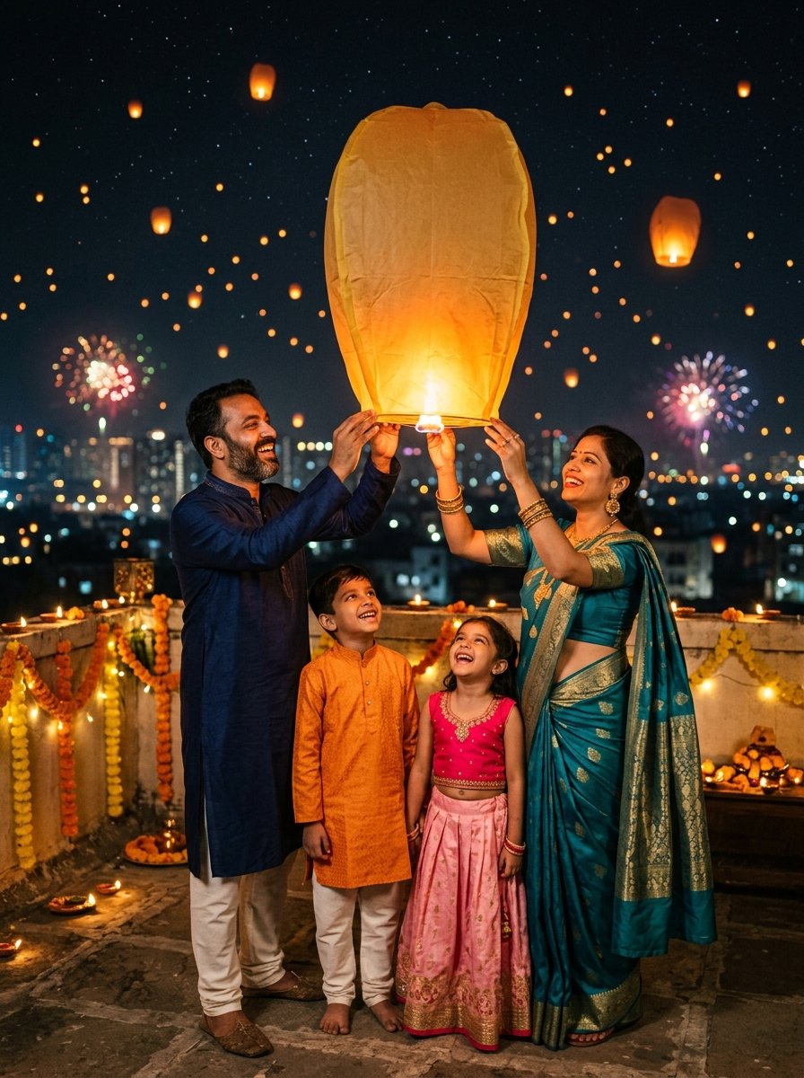 Diwali prompt for gemini family - family releasing golden flying sky lantern on rooftop