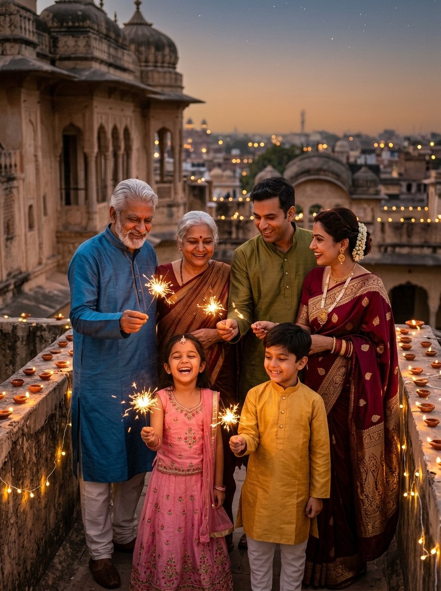 Diwali prompt for gemini family - three generation joint family sparkler celebration on haveli terrace