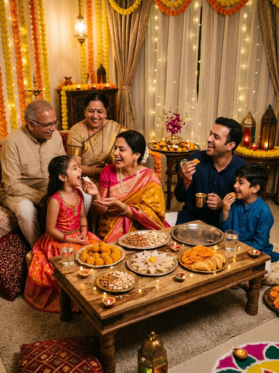 Diwali family photo prompt for gemini - family laughing and sharing kaju katli and motichoor ladoos