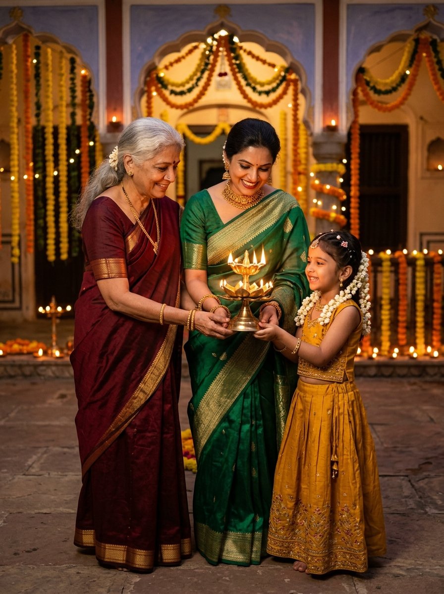 Diwali prompt for gemini family photo free - three generations of women holding brass lotus diya