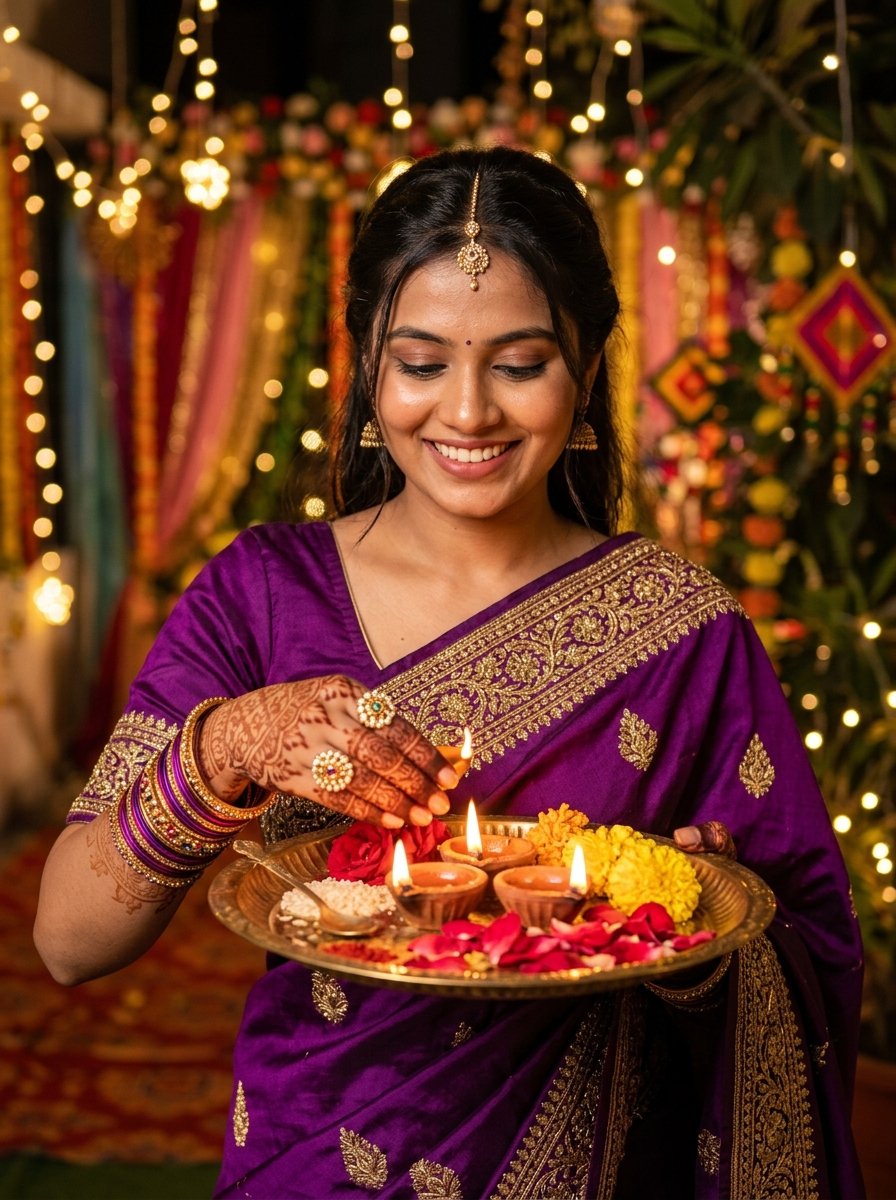 Diwali prompt for gemini girl in saree - aesthetic close-up mehndi hands holding brass diya thali in purple silk saree