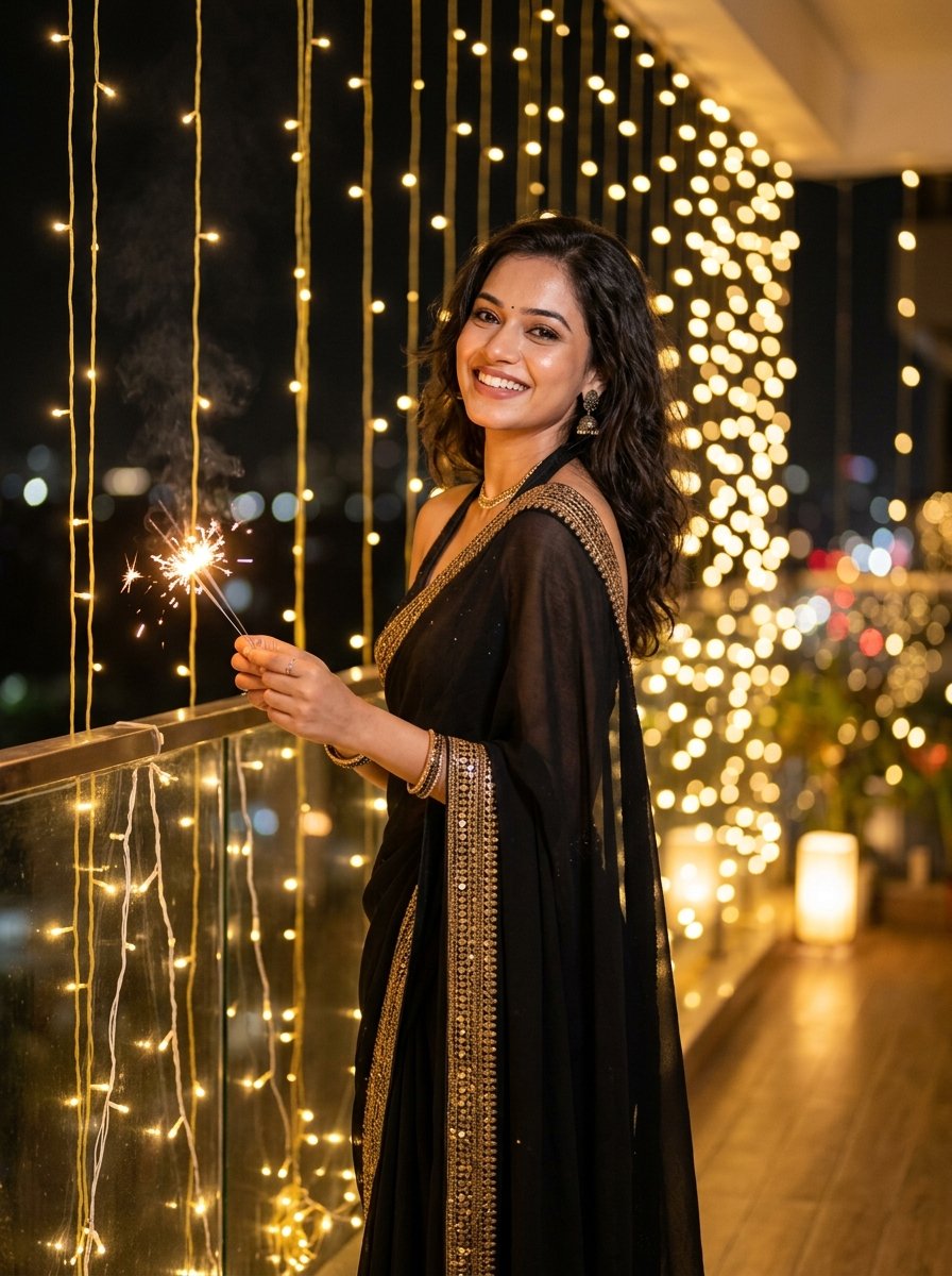 Diwali prompt for gemini girl in saree - midnight black and gold georgette saree with fairy lights