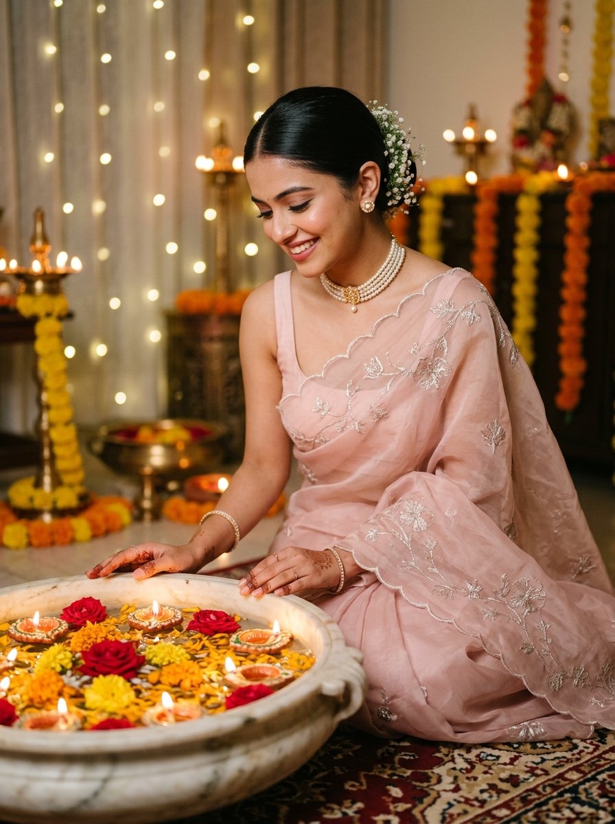 Diwali prompt for gemini girl in saree - pastel blush pink organza saree with floating lotus urli