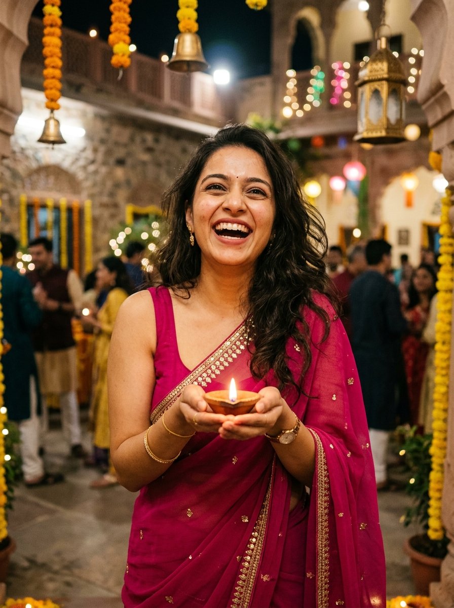 Diwali prompt for gemini girl in saree - candid laughing pose in magenta pink chiffon saree with diya