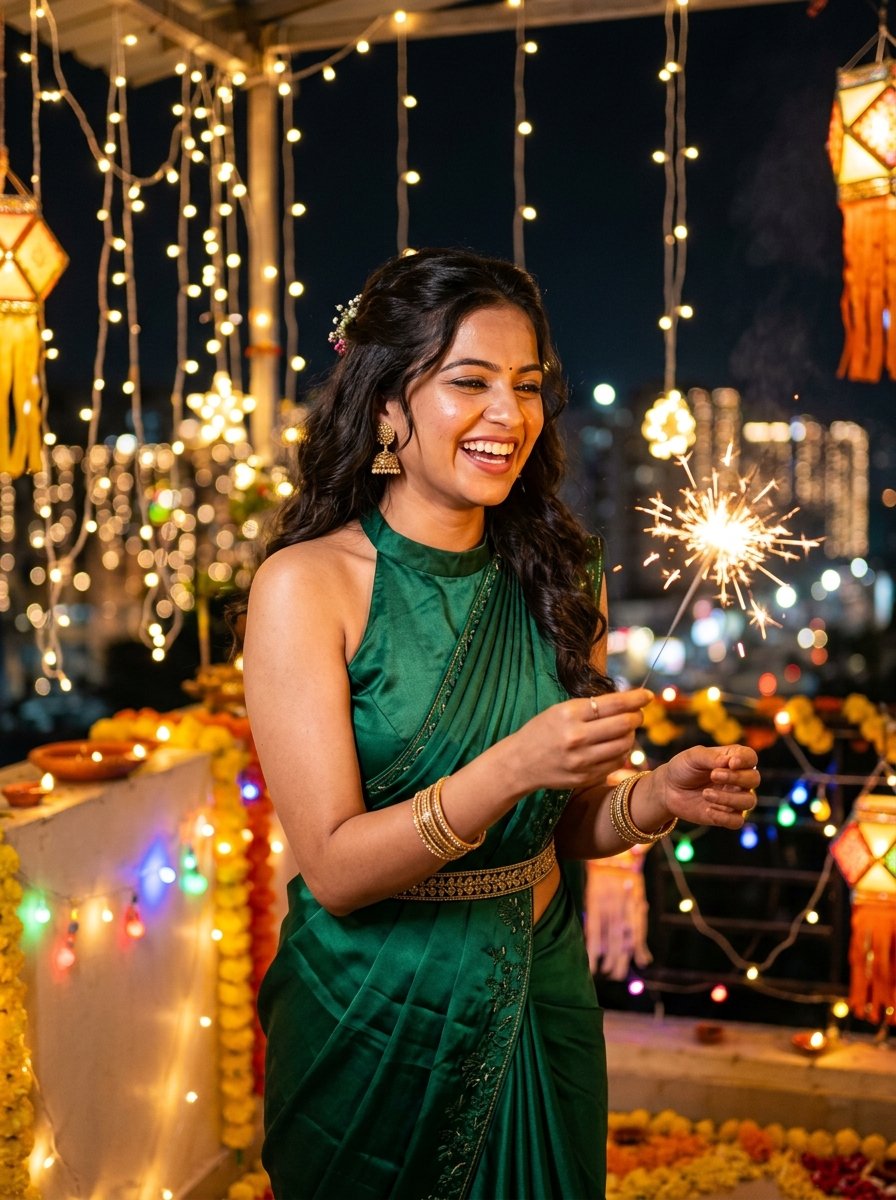 Diwali prompt for gemini girl in saree - modern emerald green pleated satin saree holding sparkler