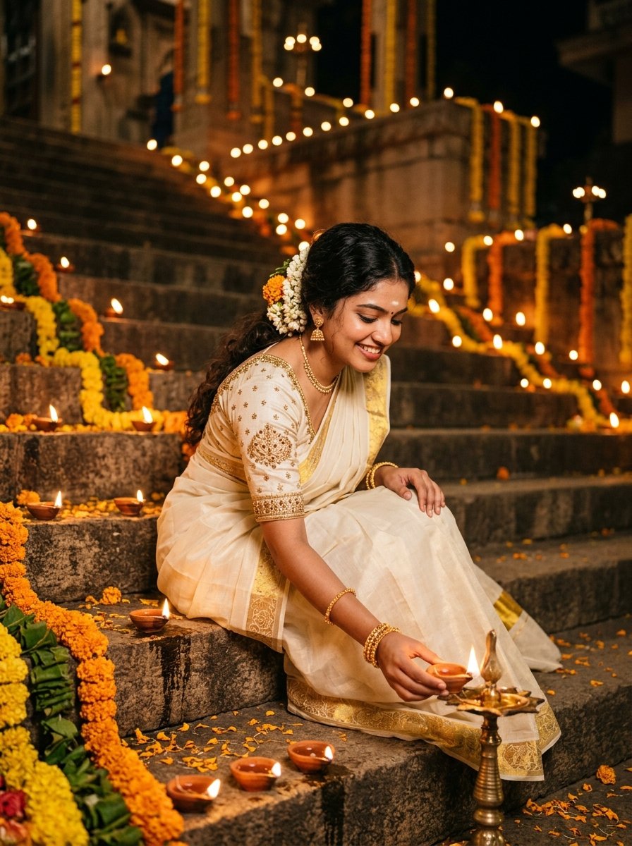 Diwali prompt for gemini girl in saree - ivory white and gold Kasavu saree placing diya on staircase