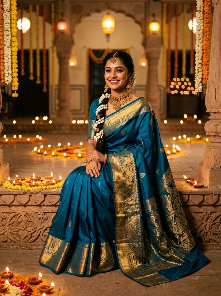 Diwali prompt for gemini girl in saree - royal peacock blue Kanjivaram silk saree with brass lamps