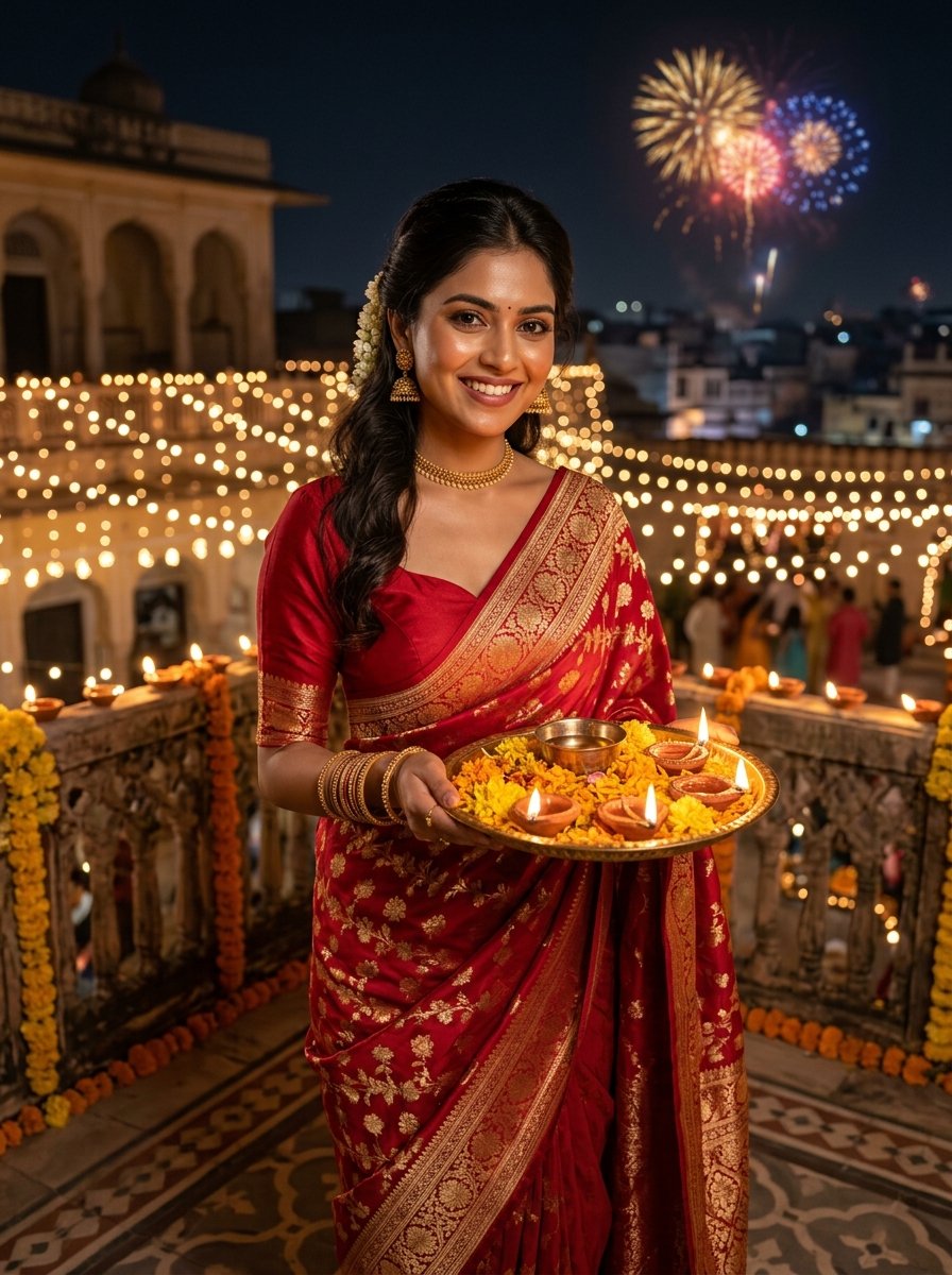 Diwali prompt for gemini girl in saree - royal crimson red Banarasi silk saree with brass diya thali