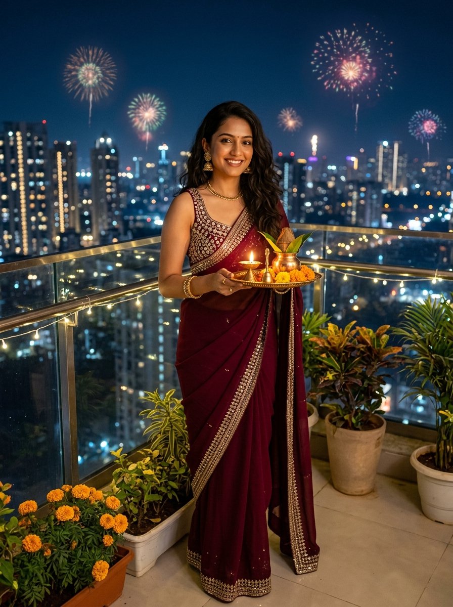 Diwali prompt for gemini girl in saree - wine georgette saree on balcony with fireworks bokeh