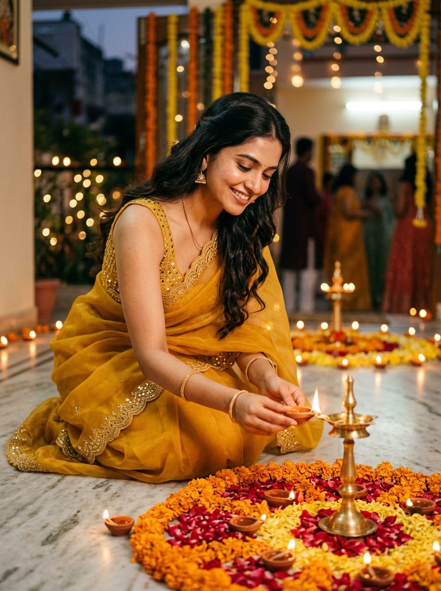 Diwali prompt for gemini girl in saree - mustard yellow organza saree lighting diya by rangoli