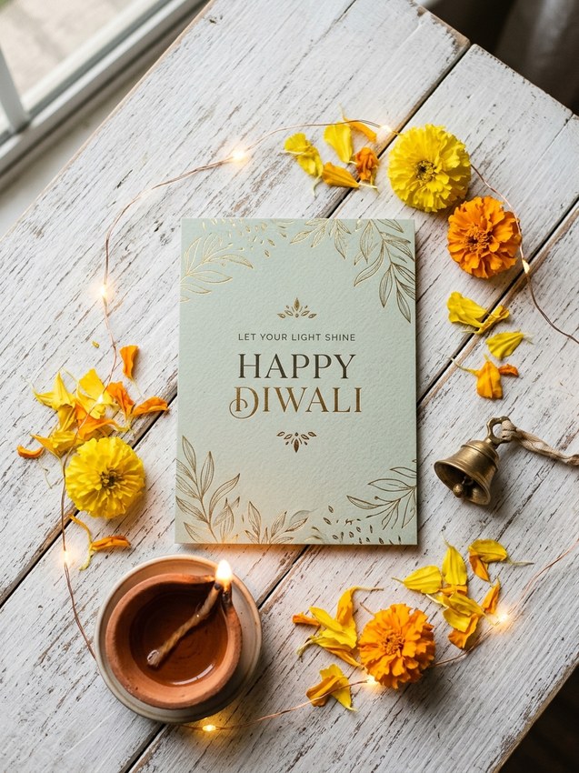 Diwali wishes quotes - aesthetic minimalist pastel greeting card with fairy lights